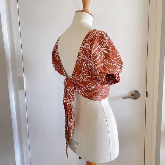 NEW Linen Crop Top Back Tie Brown White Patterned Puff Sleeves Sweetheart - Picture 4 of 10